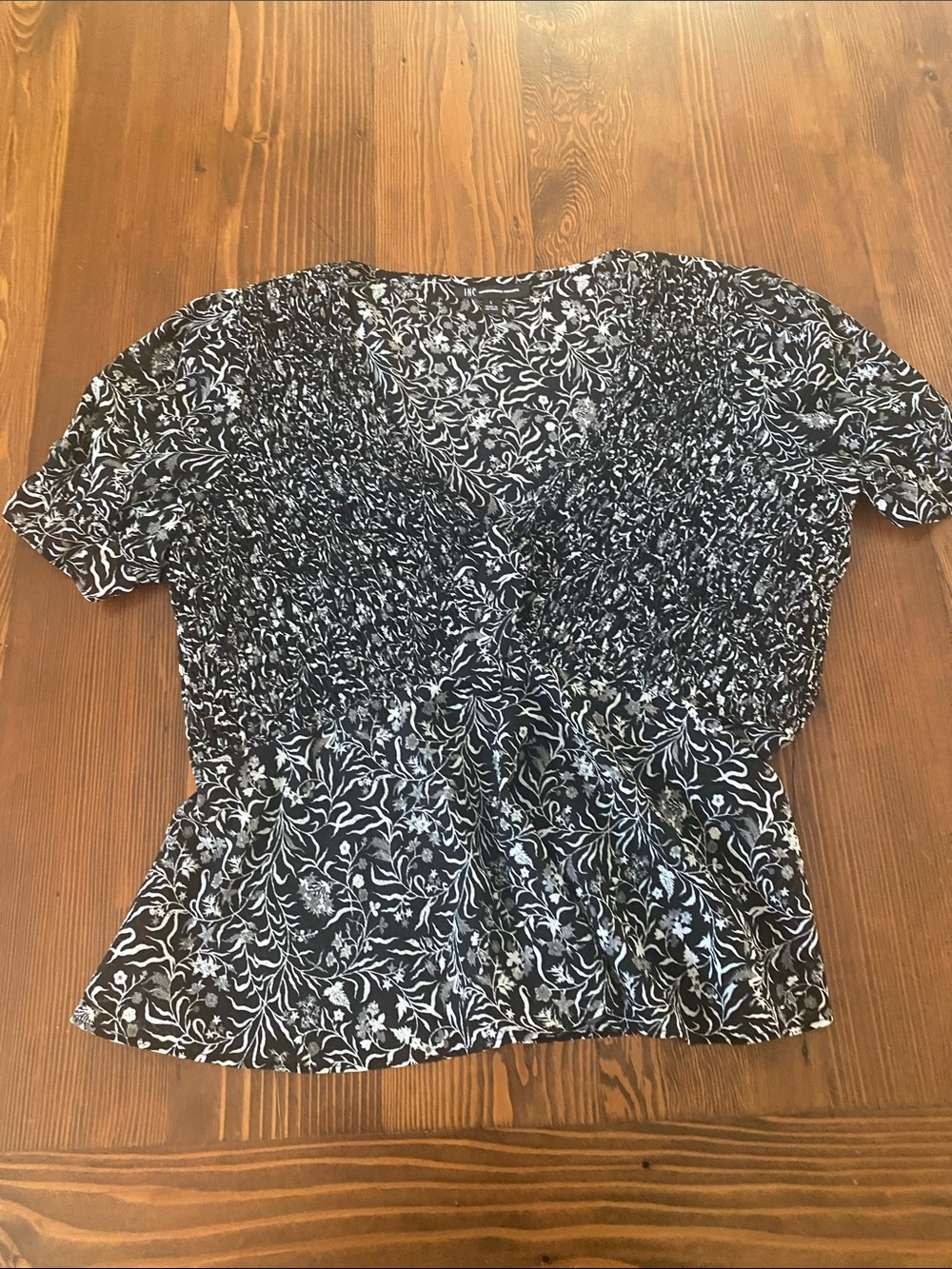INC International Concepts Black & White Floral Smocked V-Neck Blouse